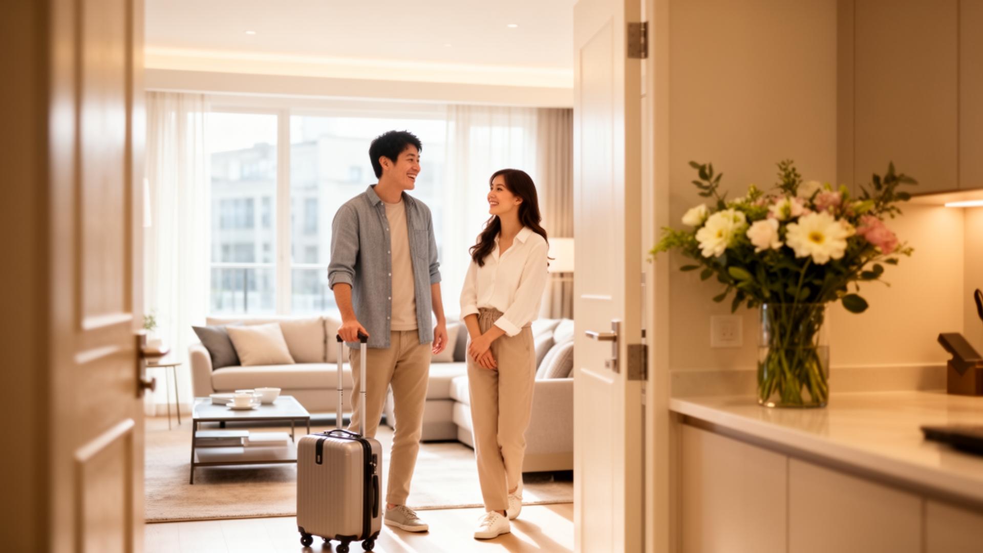 Guest couple checking into a bright modern short-stay apartment